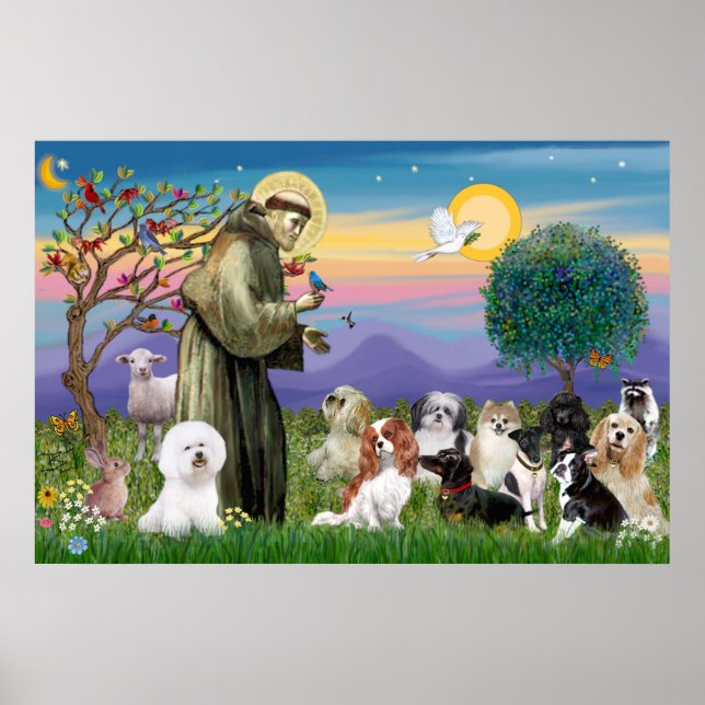 Póster Santo Francis Benchando Dez Cães (Frente)