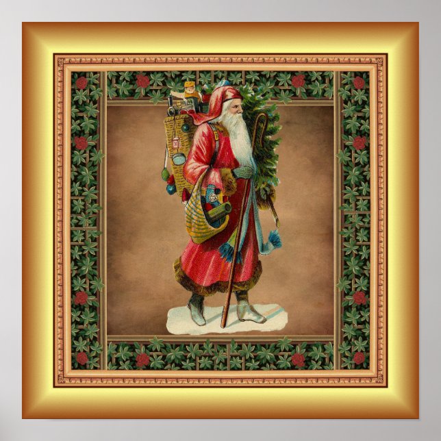 Poster Santo Nickolas, presentes de Natal, fundo Dourado (Frente)