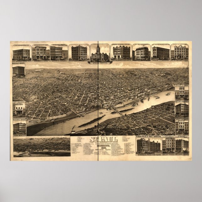 Póster Santo Paul Minnesota 1883 Mapa Panorâmico Antiquad (Frente)