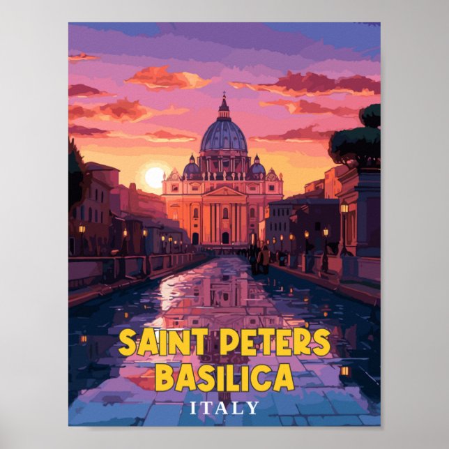 Poster Santo Peters Basilica viagens vintage ilustração (Frente)