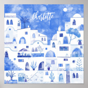 Poster Santorini Aquarela Grega Personalizada