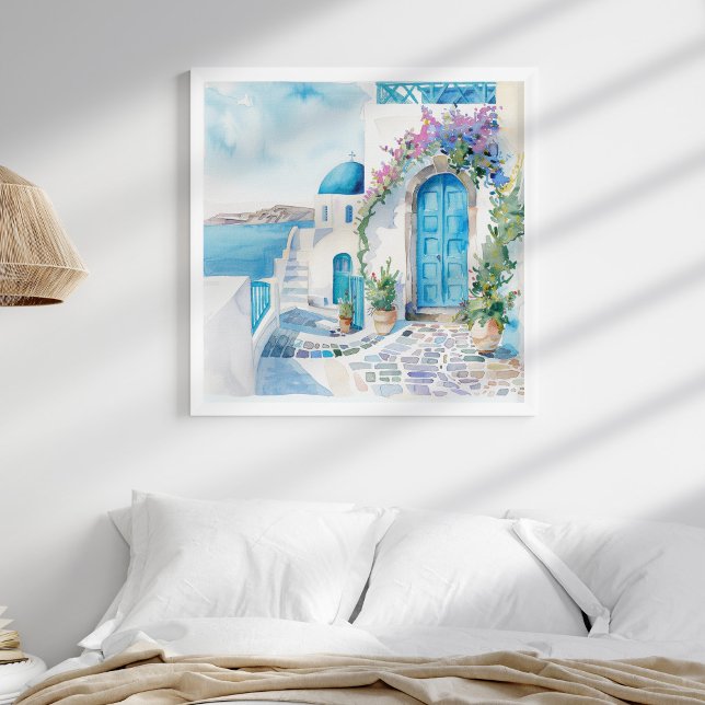 Poster Santorini Church Beach Coastal Wall Art (Santorini Church Beach Coastal Wall Art in a neutral coastal boho bedreoom in a white frame.)