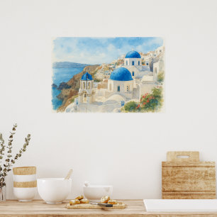 Poster Santorini Grécia Aquarela Arte da Igreja da Cúpula