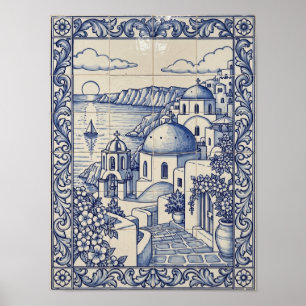 Poster Santorini Grécia Arte Azulejo Português Azul