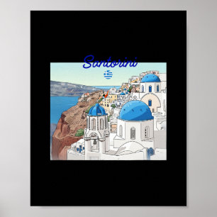 Poster Santorini Grécia Bandeira Grega Férias Arte Cúpula