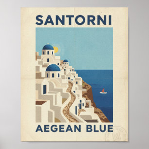 Poster Santorini Grécia Cartaz de Viagem Vintage - Azul E