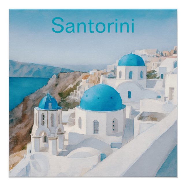 Póster Santorini, Grécia, com cúpulas azuis (Frente)