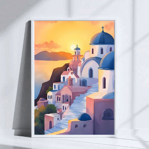 Poster Santorini, Grécia   Pintura em Aquarela do Pôr do 