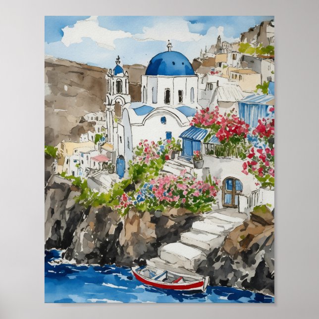 Poster Santorini Grécia Watercolor (Frente)