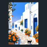 Poster Santorini Greek Village White Alley Wall Art<br><div class="desc">Step into the tranquil streets of Greece with this beautiful illustration of a sun-washed Santorini alley. Featuring iconic white-domed architecture, brilliant blue doors, and vibrant orange potted flowers, the scene is completed by a curious black cat strolling along the cobblestone path. This bright and airy piece captures the quintessential charm...</div>