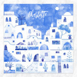 Poster Santorini - Personalização da Aquarela Grega<br><div class="desc">Pintura de paisagem branca e azul de aquarela baseada em Oia,  na ilha grega de Santorini. Arte original de Nic Squirrell. Altere o nome para personalizar.</div>