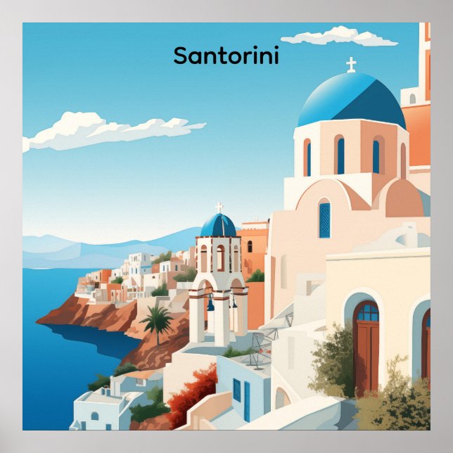Poster Santorini Retrô Grécia Mediterrâneo Azul e Branco  (Frente)