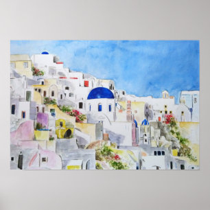 Poster Santoroni Greece Aegean sea watercolor painting