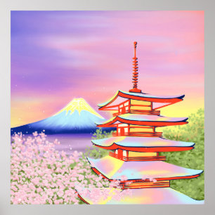 Poster Santuário de Pagoda com o Monte Fuji e Sakura no J