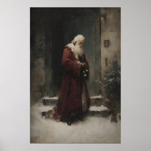 Poster São Nicolau Papai Noel Perto da Porta na Nevasca