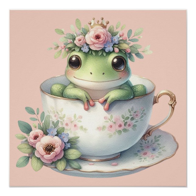 Póster Sapo Caprichoso em Xícara de Chá Floral (Frente)