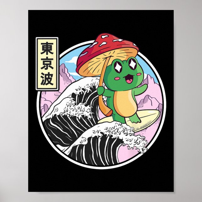 Poster Sapo Com Cogumelo Surfando Onda Japonesa Kawaii Co (Frente)