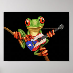Poster Sapo de árvore que joga o preto da guitarra da