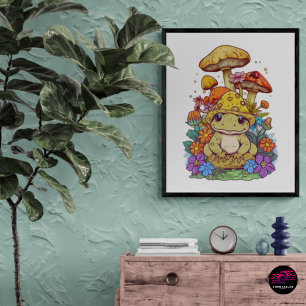 Póster Sapo de Cottagecore Flores Cogumelos Brilhantes Po