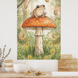 Poster Sapo Fofo em Cogumelo Woodland Cottagecore