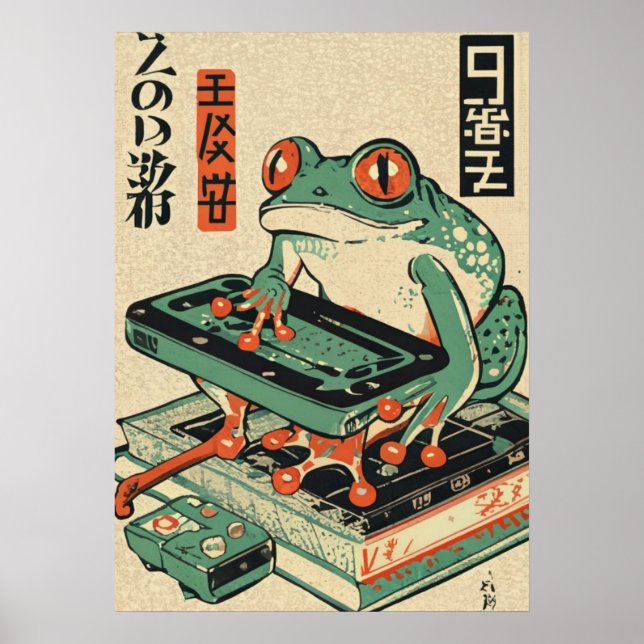 Poster Sapo Jogando Jogos de PC, Arte de Sapo Ukiyo-e, Sa (Frente)