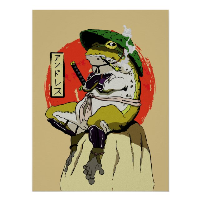 Póster Sapo Samurai com Estética de Sol Vermelho (Frente)