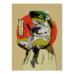 Póster Sapo Samurai com estética do sol vermelho
