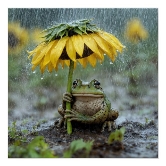 Póster Sapo sob um guarda-chuva de girassol na chuva (Frente)