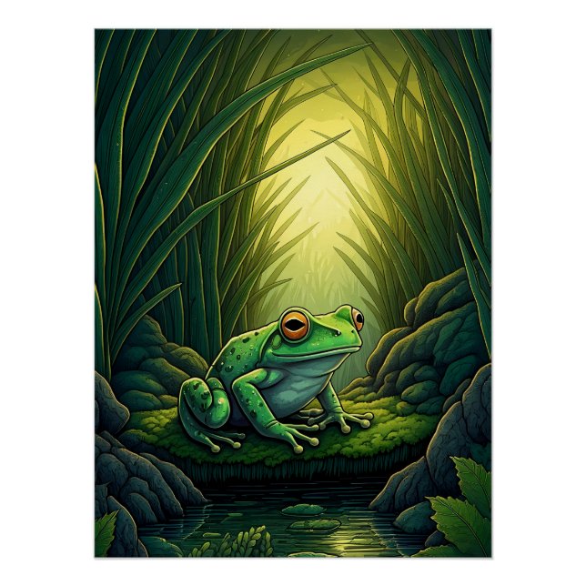 Póster Sapo Verde Enfeitiçado em uma Floresta (Frente)