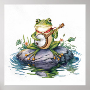 Poster Sapo verde moderno de aquarela com guitarra no roc