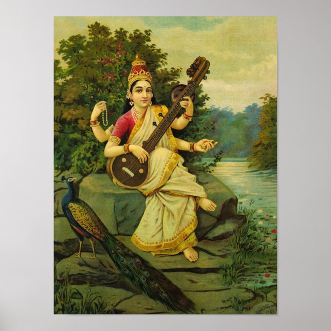 Poster Saraswati, Deusa da Música por Raja Ravi Varma (Frente)
