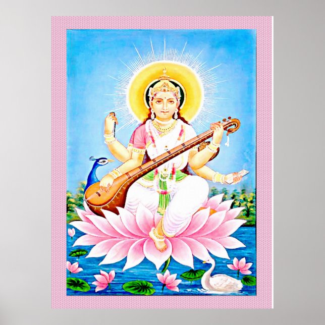 Poster Saraswati sentado em uma flor de lótus (Frente)