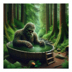 Póster Sasquatch Bigfoot tomando banho na floresta