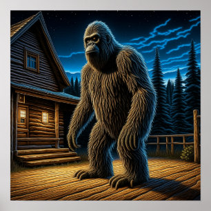 Poster Sasquatch na frente de Cabana de Troncos na Flores
