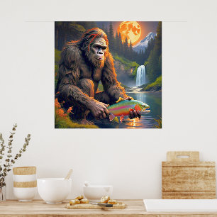 Poster Sasquatch Pegando Truta Arco-Íris