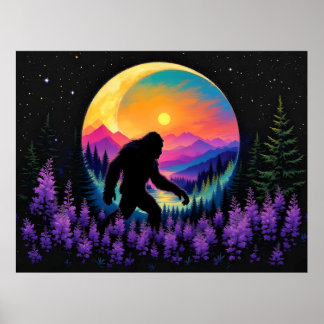 Poster Sasquatch Rainbow Mountain Moon Wall Clock