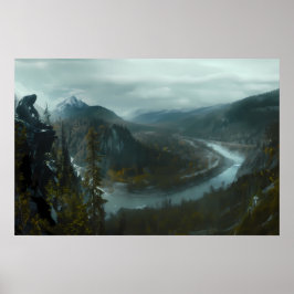 Poster Sasquatch sobre um vale montanhoso cênico