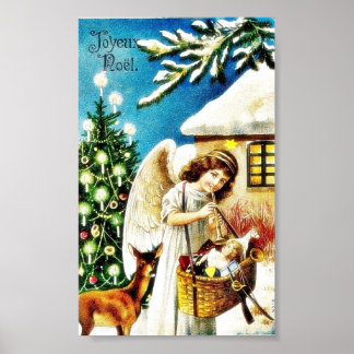 Póster Saudação de Natal com o anjo segurando cesto de gi
