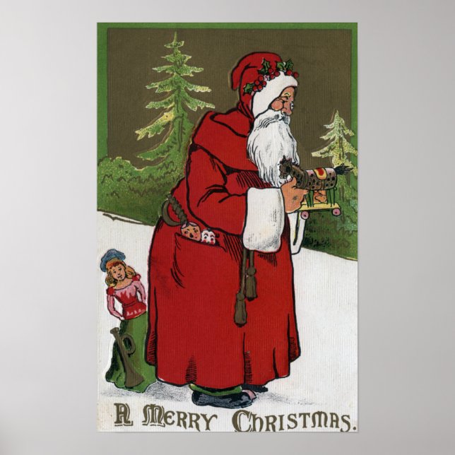 Póster Saudação de NatalPapai Noel com Cavalo de Madeira (Frente)