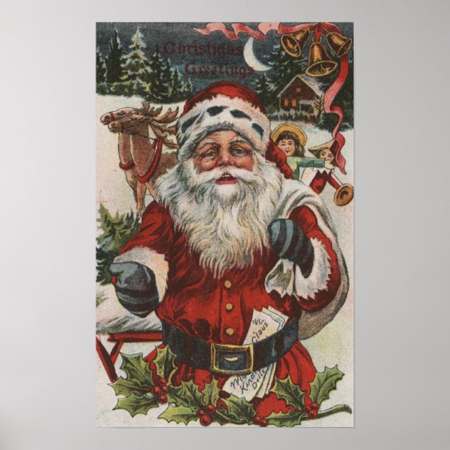Póster Saudação de NatalPapai Noel com Veado e Crianças (Frente)