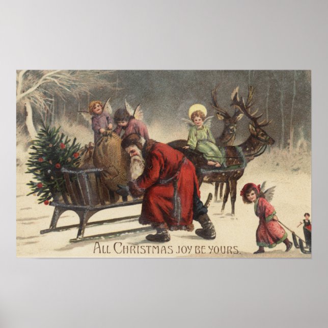 Póster Saudação de NatalPapai Noel e Sleigh (Frente)