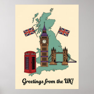 Poster Saudações da UK British Landmarks Travel