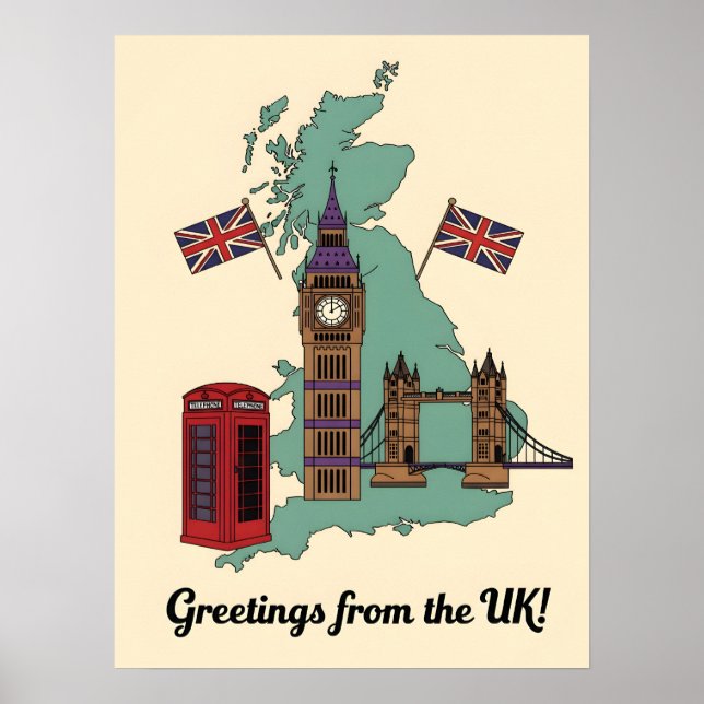 Poster Saudações da UK British Landmarks Travel (Frente)