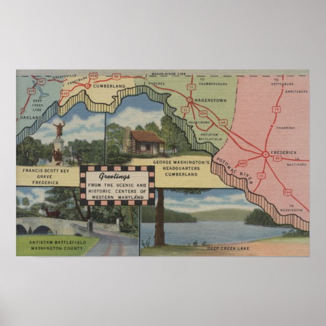 Póster Saudações De Maryland Ocidental (Mapa Detalhado) (Frente)