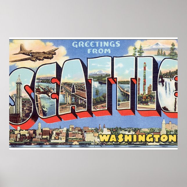 Póster Saudações de Seattle Washington_Viagens vintage (Frente)