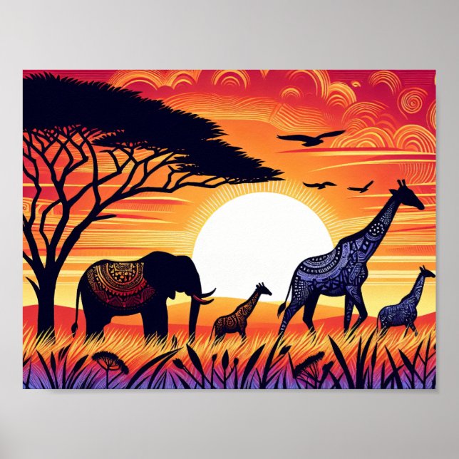 Poster Savannah Silhouettes: Uma Serenada Sunset (Frente)