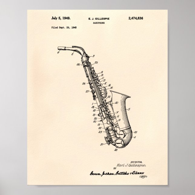 Poster Saxofone 1949, antigo investigador de arte patente (Frente)