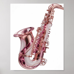 Poster Saxofone Rosa Prata Ousado Design Personalizado