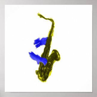 Poster Saxofone tocado por duas mãos, azul e amarelo