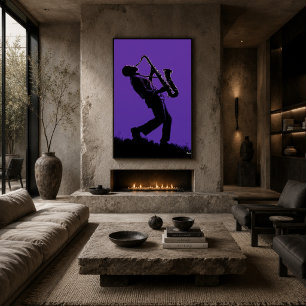 Poster Saxofonista Jazz - Silhueta Preta em Purp